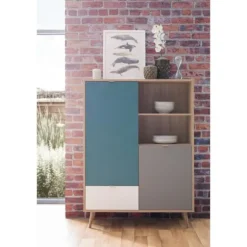 Høj skænk - Sonoma eg, hvid, grå og blå - Skandinavisk stil - CUBA - L 103 x D 40 x H 139 cm Sonoma Ek/Vit/Grå/Blå