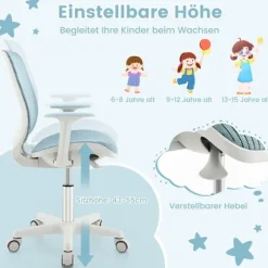 Højdejusterbar børne-drejestol med sædebremse, ergonomisk skrivebordsstol, kontorstol, blå