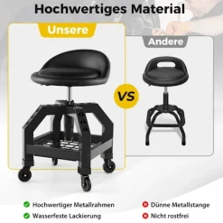 Højdejusterbar værkstedsstol 150 kg bæreevne med værktøjsbakke værkstedsstol sort