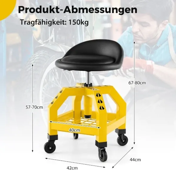 Højdejusterbar værkstedsstol 150 kg bæreevne med værktøjsbakke værkstedsstol gul