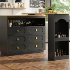 Højdejusterbart barbord 138-203 cm, udtrækkeligt med 360° drejefunktion og hjul, moderne barbord med skuffe, sort Black