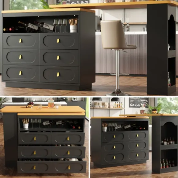 Højdejusterbart barbord 138-203 cm, udtrækkeligt med 360° drejefunktion og hjul, moderne barbord med skuffe, sort Black