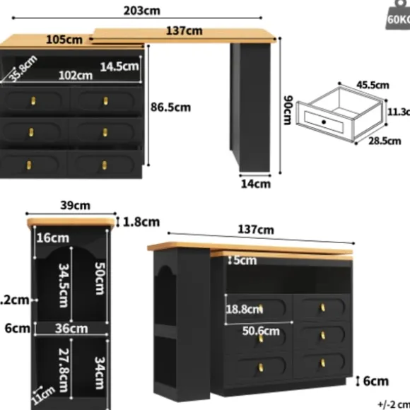Højdejusterbart barbord 138-203 cm, udtrækkeligt med 360° drejefunktion og hjul, moderne barbord med skuffe, sort Black