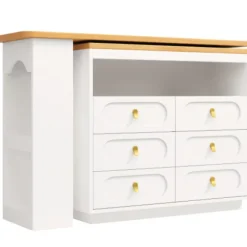 Højdejusterbart barbord (138-203 cm), udtrækkeligt med 360° drejefunktion, hjul og skuffe, opbevaringsplads, hvid White
