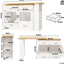 Højdejusterbart barbord med LED-belysning, udtrækkeligt 135-203 cm & 360° drejeligt, køkkenø med opbevaringsplads, hvid Natural + White