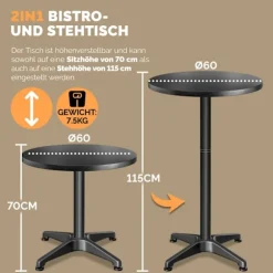 Højdejusterbart barbordssæt med 2 stk., 60 cm bordplade, sort aluminium