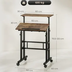 Højdejusterbart skrivebord med hylde og hjul, rustik brun