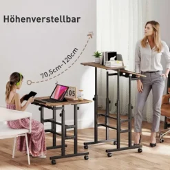 Højdejusterbart skrivebord med hylde og hjul, rustik brun