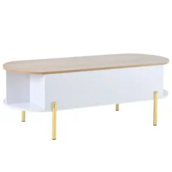 Højdejusterbart sofabord med 7 hylder, 120x50 cm, med skjult opbevaringsplads, i træfarve og hvid White