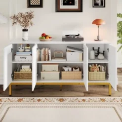 Højglans skænk 140x80x40cm med guldhåndtag | Med hylder & guld ben | Opbevaringsmøbel kommode White