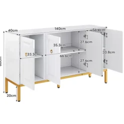 Højglans skænk 140x80x40cm med guldhåndtag | Med hylder & guld ben | Opbevaringsmøbel kommode White
