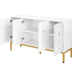 Højglans skænk 140x80x40cm med guldhåndtag | Med hylder & guld ben | Opbevaringsmøbel kommode White