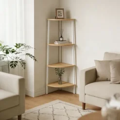 Hjørnehylde, 5 niveauer, metalramme, træfinish