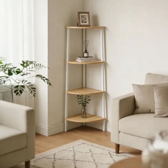 Hjørnehylde, 5 niveauer, metalramme, træfinish