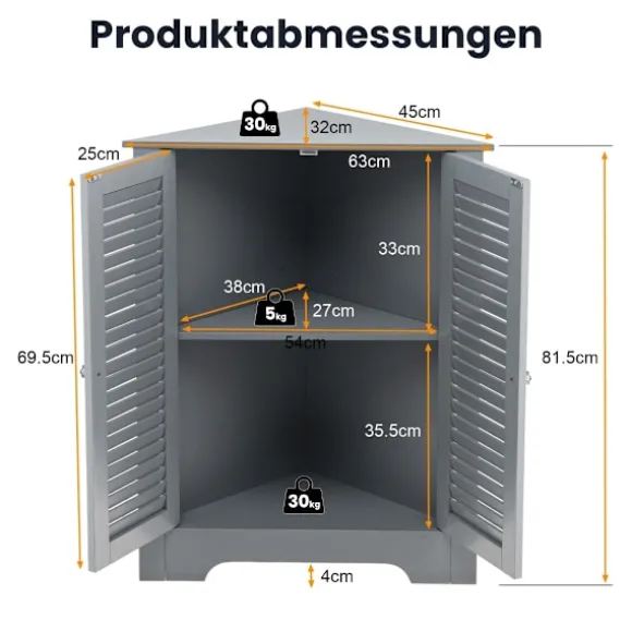 Hjørneskab med lameldøre og justerbar hylde, grå