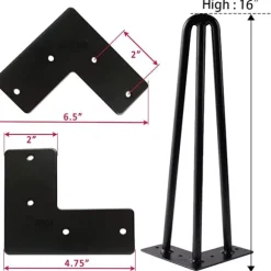 Hårnålsben, Kaffebordsben 16 tommer Møbelben Sæt af 4, DIY Metal Bordben Sort, Metal Hårnålsbordben 3 Stænger 10mm med Gratis Skruer