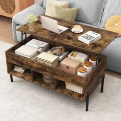 Hæve-sænke Sofabord 100x50CM COSTWAY, 3 Opbevaringskuber, Skjult Rum, Rektangulært Stuebord Belastning 70 KG, Brun Brun