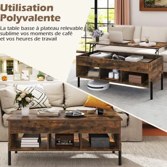 Hæve-sænke Sofabord 100x50CM COSTWAY, 3 Opbevaringskuber, Skjult Rum, Rektangulært Stuebord Belastning 70 KG, Brun Brun