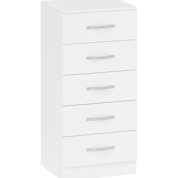 Hvid kommode med 5 skuffer, spånplade, pladsbesparende design