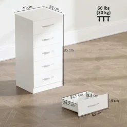 Hvid kommode med 5 skuffer, spånplade, pladsbesparende design