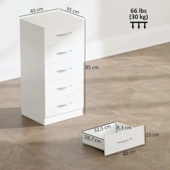 Hvid kommode med 5 skuffer, spånplade, pladsbesparende design