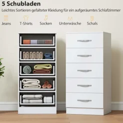 Hvid kommode med 5 skuffer, spånplade, pladsbesparende design