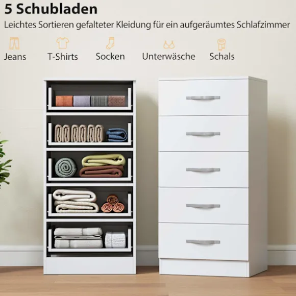 Hvid kommode med 5 skuffer, spånplade, pladsbesparende design