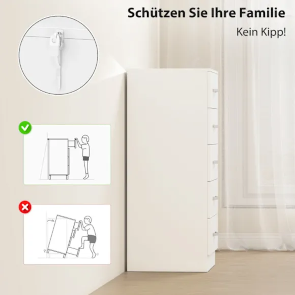 Hvid kommode med 5 skuffer, spånplade, pladsbesparende design