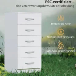 Hvid kommode med 5 skuffer, spånplade, pladsbesparende design