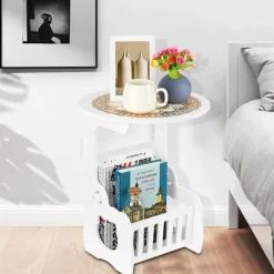 Hvid Lille Rund Side End Bord Ved Siden Af Kaffe Te Bord Opbevaring Organizer Rack
