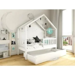 Hvid Montessori House seng med skuffe, 120×200 cm Vit