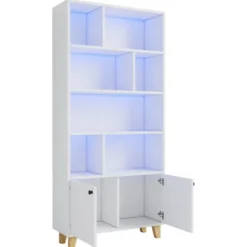 Hvid reol 80x30x173cm med LED-stemningslys & dobbeltdøre – massive træben, flere hylder, inkl. fjernbetjening White