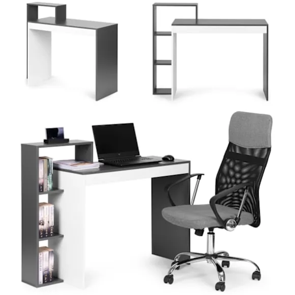 Hvidt og gråt kontor computerbord, bord + reol med 4 hylder