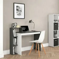 Hvidt og gråt kontor computerbord, bord + reol med 4 hylder