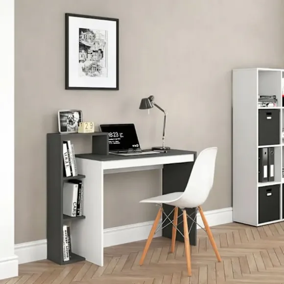 Hvidt og gråt kontor computerbord, bord + reol med 4 hylder