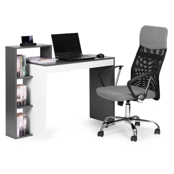 Hvidt og gråt kontor computerbord, bord + reol med 4 hylder