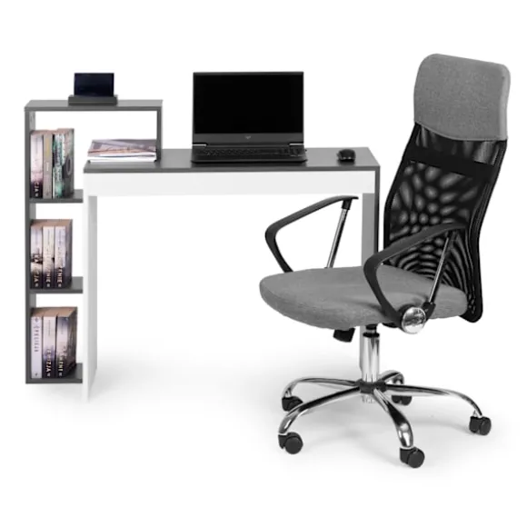 Hvidt og gråt kontor computerbord, bord + reol med 4 hylder