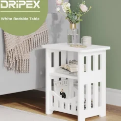 Hvidt sengebord, lille sidebord med opbevaringskurv, sidebord til små rum, slanke sofaborde, natbord, sofabord til stue