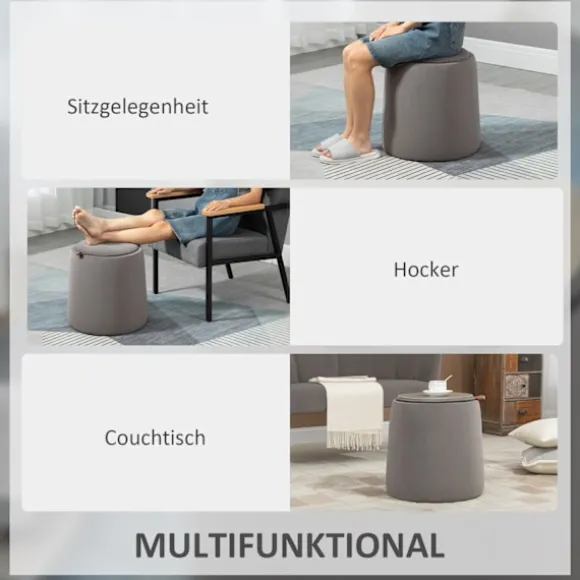 2-I-1 Skammel Rund Skammel Inklusive Opbevaringsplads, Aftageligt Låg I Fløjlslook Sidebord Mørkegrå