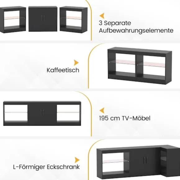 3-i-1 TV-bord med LED-lys til 85" TV, sort