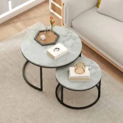 Indskudsbordssæt, marmorlook, metalstel, 2-delt