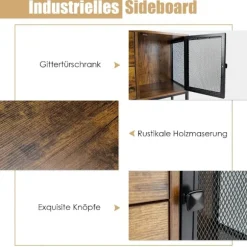 Industriel multifunktionel skænk med 2 mesh skabe og 2 skuffer 100 x 35 x 85 cm
