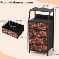 Industrielt natbord med 4 stofskuffer og åben hylde