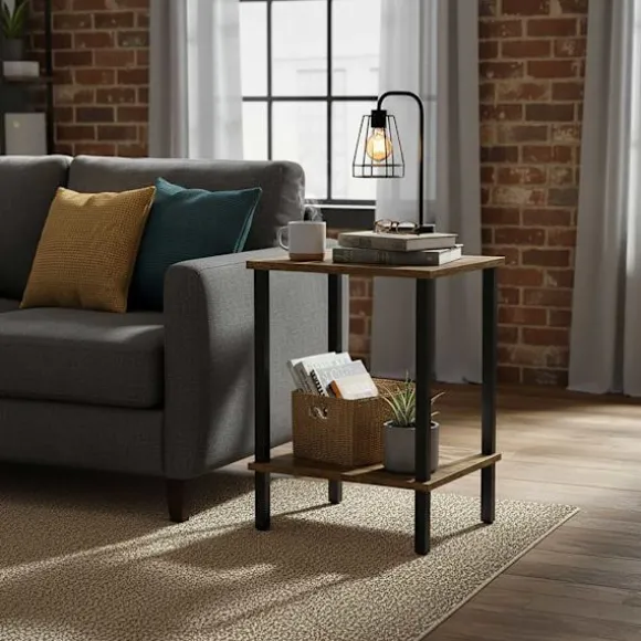 Industrielt sidebord med 2 hylder, trælook