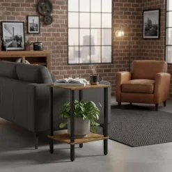 Industrielt sidebord med 2 hylder, trælook
