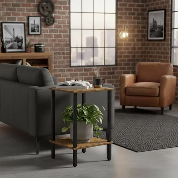 Industrielt sidebord med 2 hylder, trælook