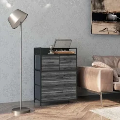 Industrielt skænk med 4 stofskuffer, sort, 60x29x85cm