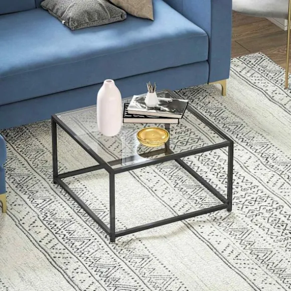 Industrielt sofabord, hærdet glas & stål, 68x68 cm