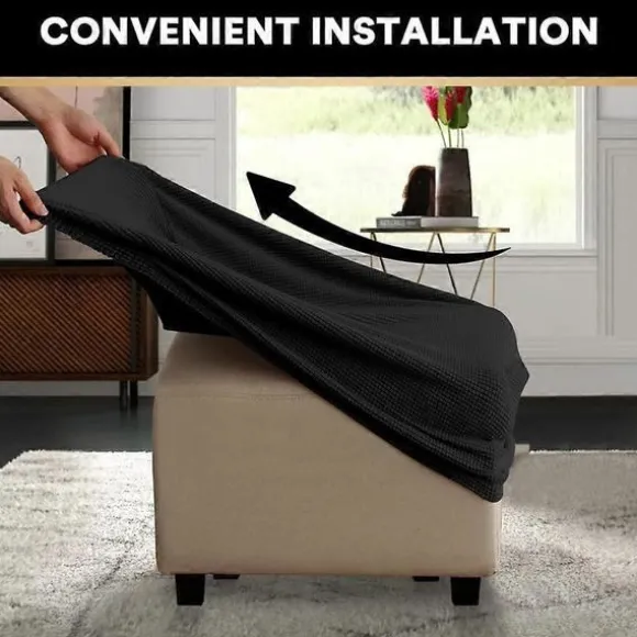 Jacquard Stretch Firkantet Skammelbetræk Sofaskammelbetræk Bløde Firkantede Fodskammelbetræk Vaskbart Aftageligt (Sort, 27-32 tommer/68-81 cm)