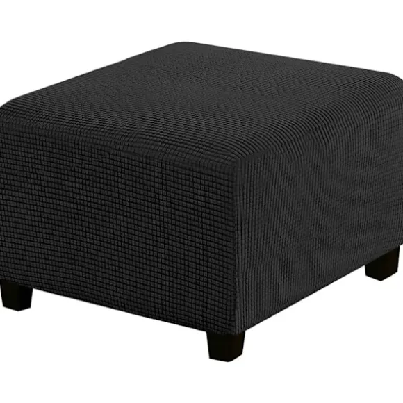 Jacquard Stretch Square Ottoman Cover Sofa Stool Cover Soft Square Footstool Covers Vaskbar Aftagelig (Sort, 27-32 tommer/68-81 cm)